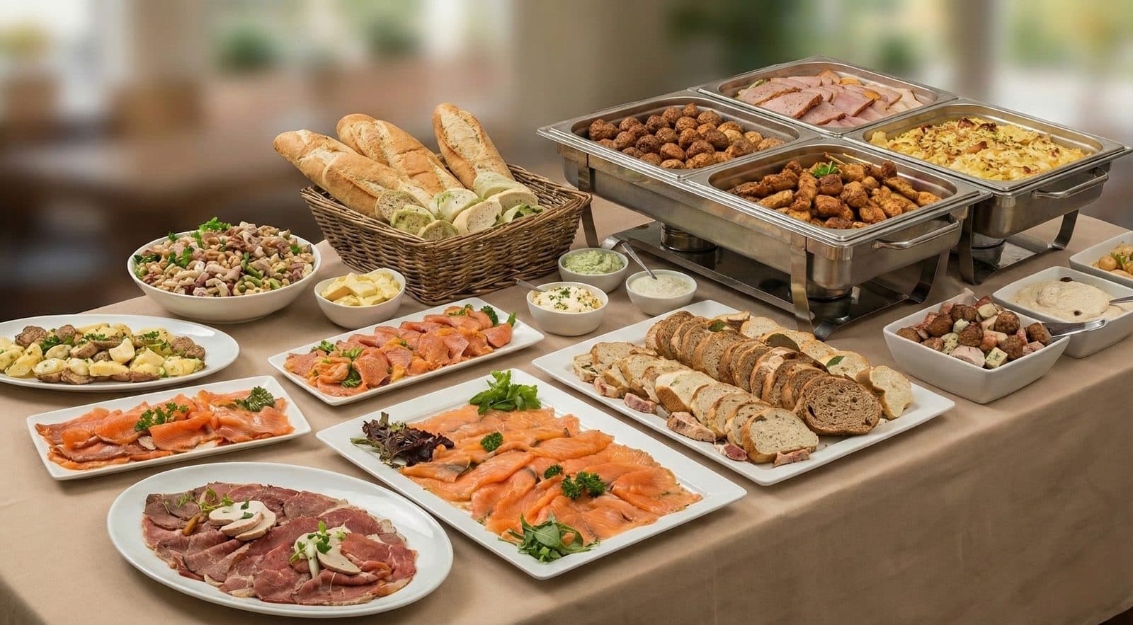 Warm buffet van EetIdee met gehaktballetjes en aardappelgratin, afbeelding gemaakt met AI