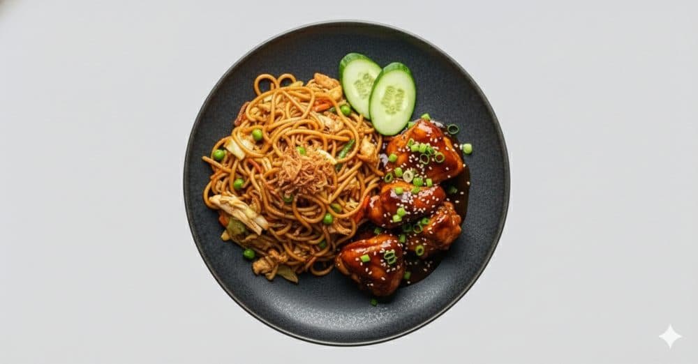 Bami goreng met kip ketjap, afbeelding gemaakt met AI