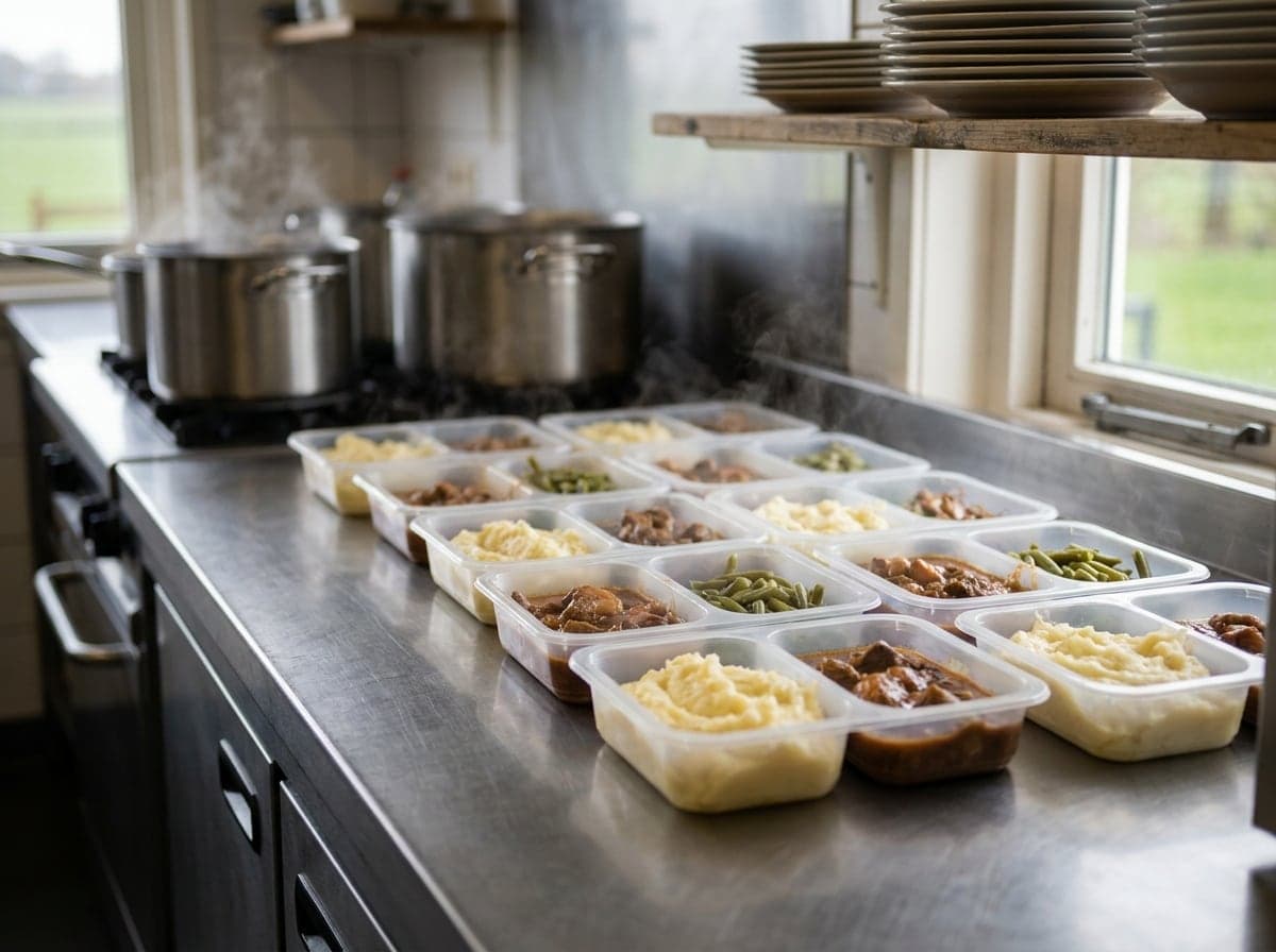 Vers geportioneerde maaltijden in een professionele keuken, afbeelding gemaakt met AI