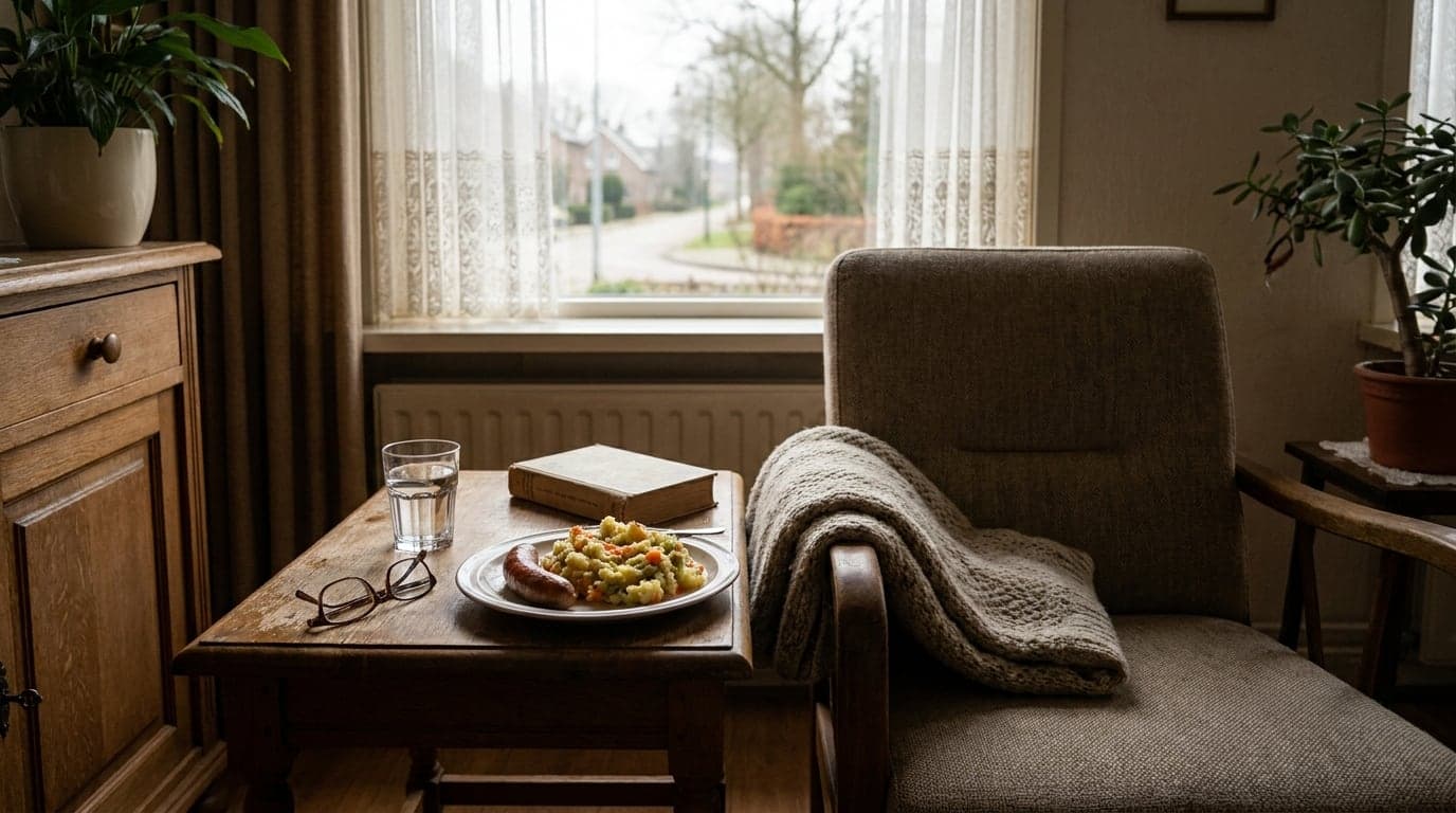 Verse maaltijd klaar naast de leunstoel bij een oudere thuis, afbeelding gemaakt met AI